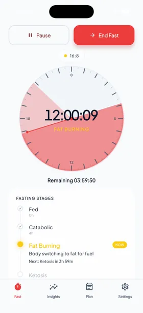 Intermit fasting timer showing fat burning stage